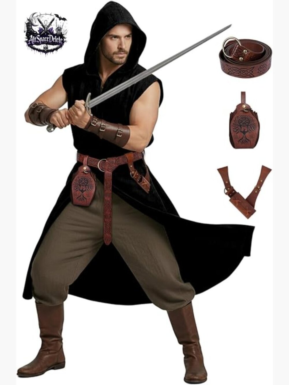 Men's 4PC Viking Hooded Sleeveless Surcoat Costume Set for Renaissance